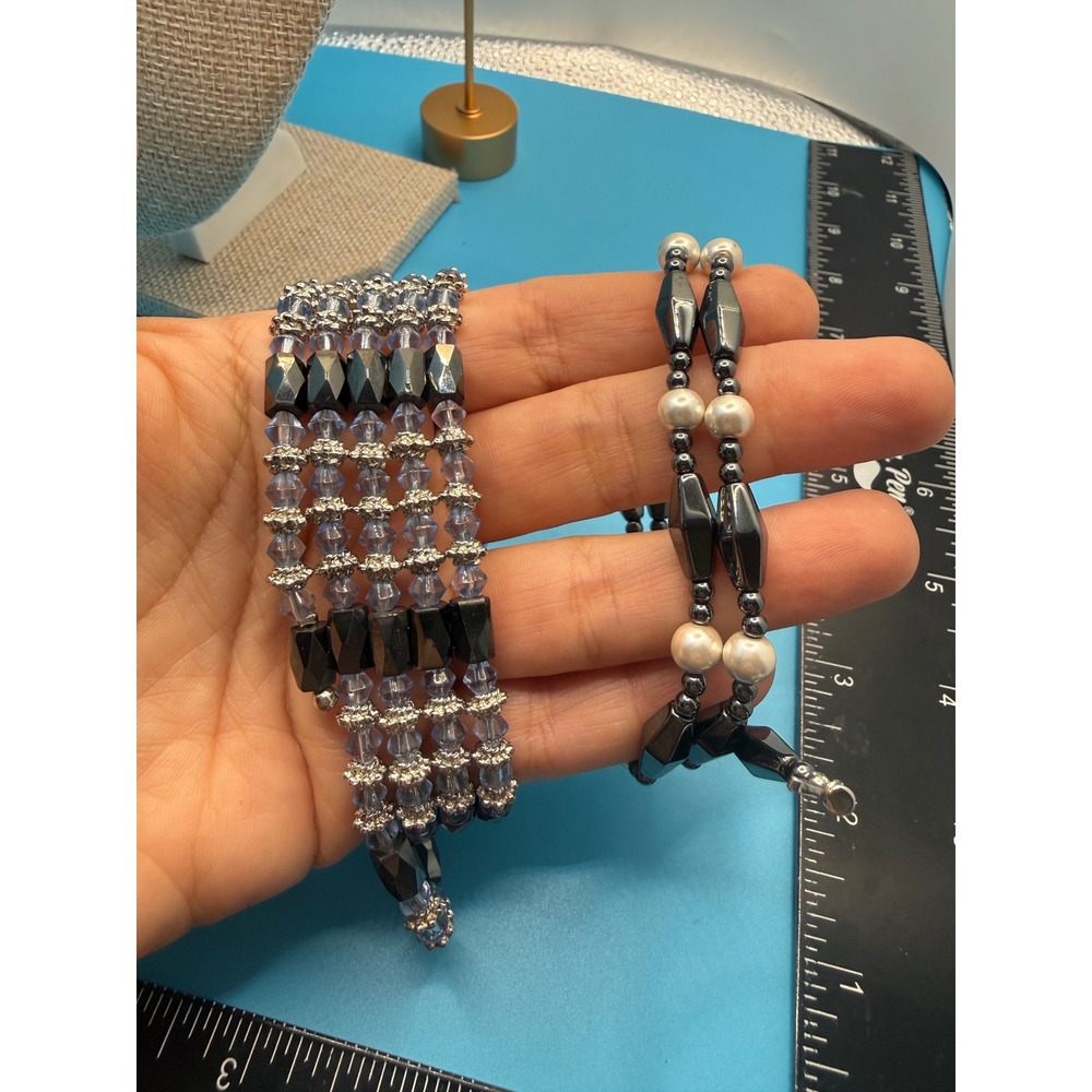 Magnetic Hematite Wrap Bracelet Necklace Set Blue Crystal Pearl Beaded 2pc